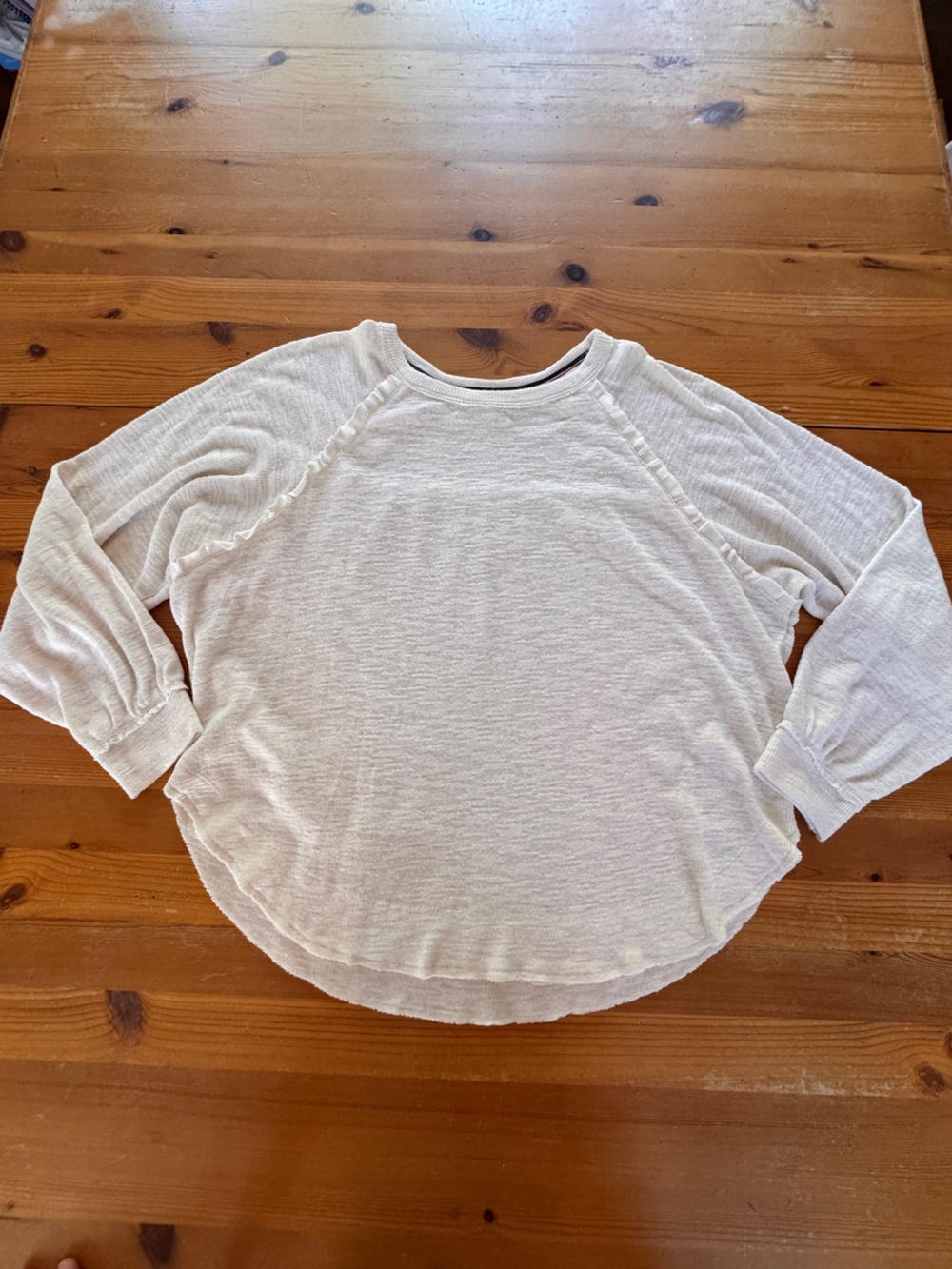 Pilcro Lightweight Cream Thermal Raglan Crewneck Top with Ruffle Detail - Picture 2 of 6